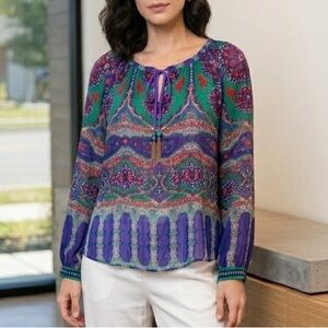 Hale Bob Silk Boho Resort Wear Jewel Tone Print Chiffon Blouse Tunic Style S